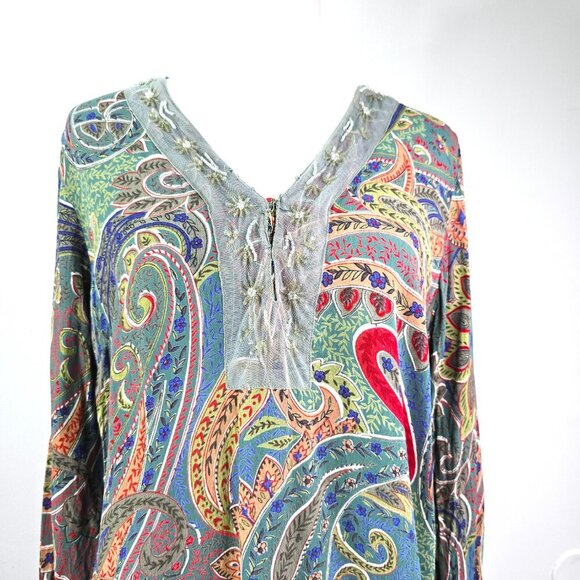 At Last Classics Green Colorful Floral Paisley Beaded Gypsy Boho Peasant Top - Picture 2 of 6